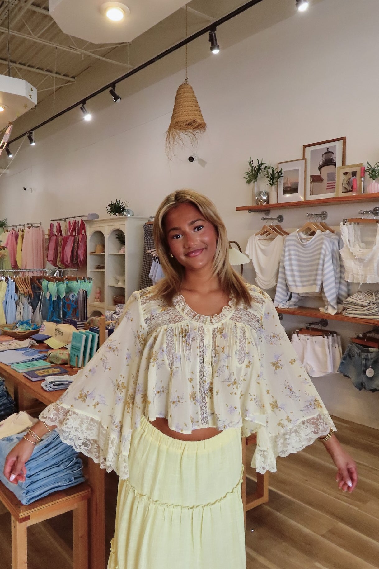 Yellow, floral blouse with lace trim and panelling, quarter sleeves, button down, and cropped length, boho blouse, summer aesthetic, brunch outfit, vacation style, vacation outfits, beach boutique, beach fashion, beach outfits, women’s boutique clothing, boutique clothing for women, coastal cowgirl outfits, coastal aesthetic clothing