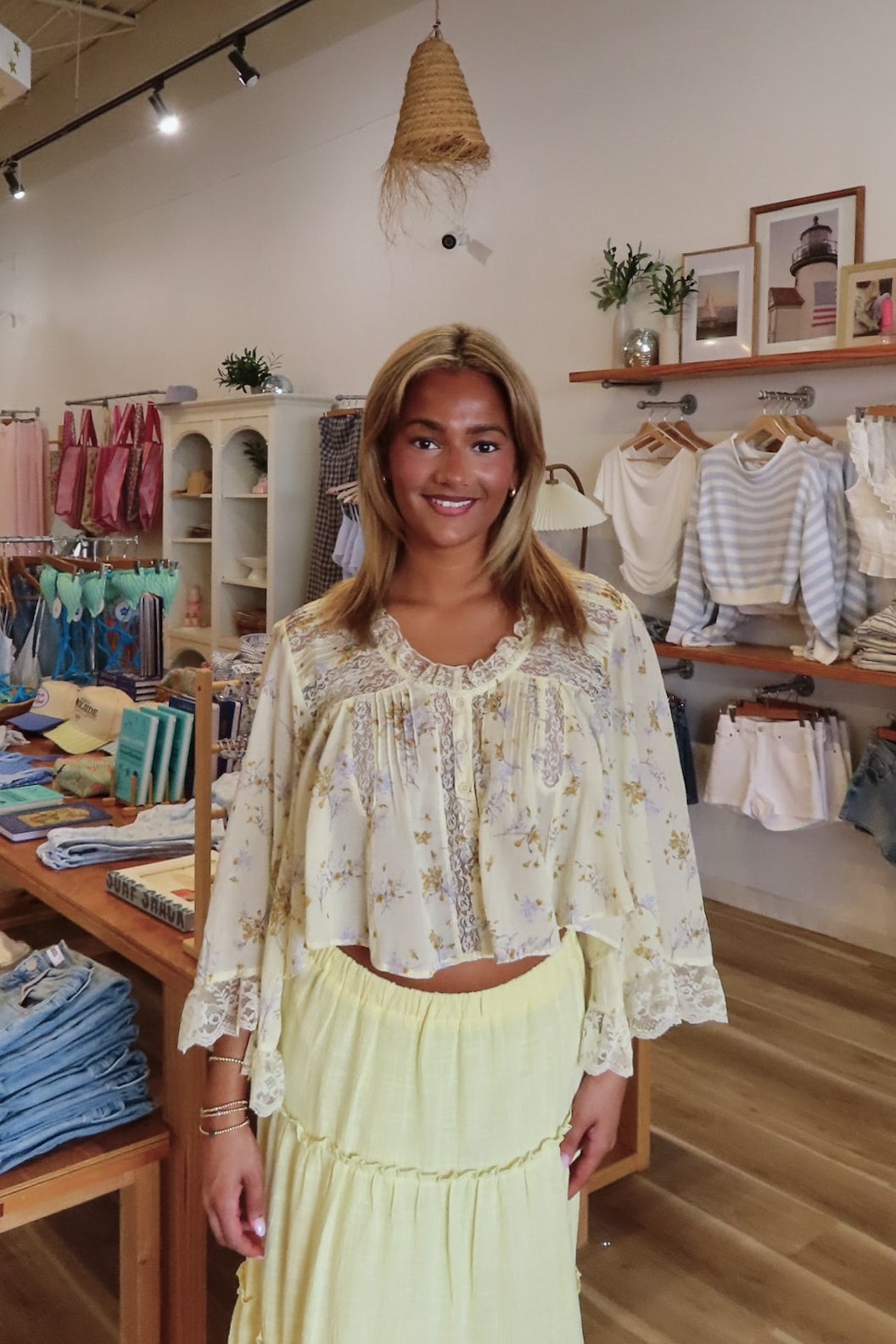 Yellow, floral blouse with lace trim and panelling, quarter sleeves, button down, and cropped length, boho blouse, summer aesthetic, brunch outfit, vacation style, vacation outfits, beach boutique, beach fashion, beach outfits, women’s boutique clothing, boutique clothing for women, coastal cowgirl outfits, coastal aesthetic clothing
