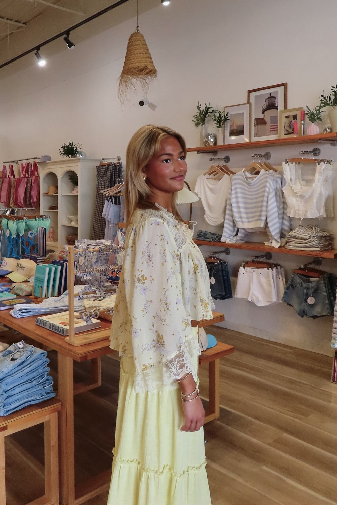 Yellow, floral blouse with lace trim and panelling, quarter sleeves, button down, and cropped length, boho blouse, summer aesthetic, brunch outfit, vacation style, vacation outfits, beach boutique, beach fashion, beach outfits, women’s boutique clothing, boutique clothing for women, coastal cowgirl outfits, coastal aesthetic clothing