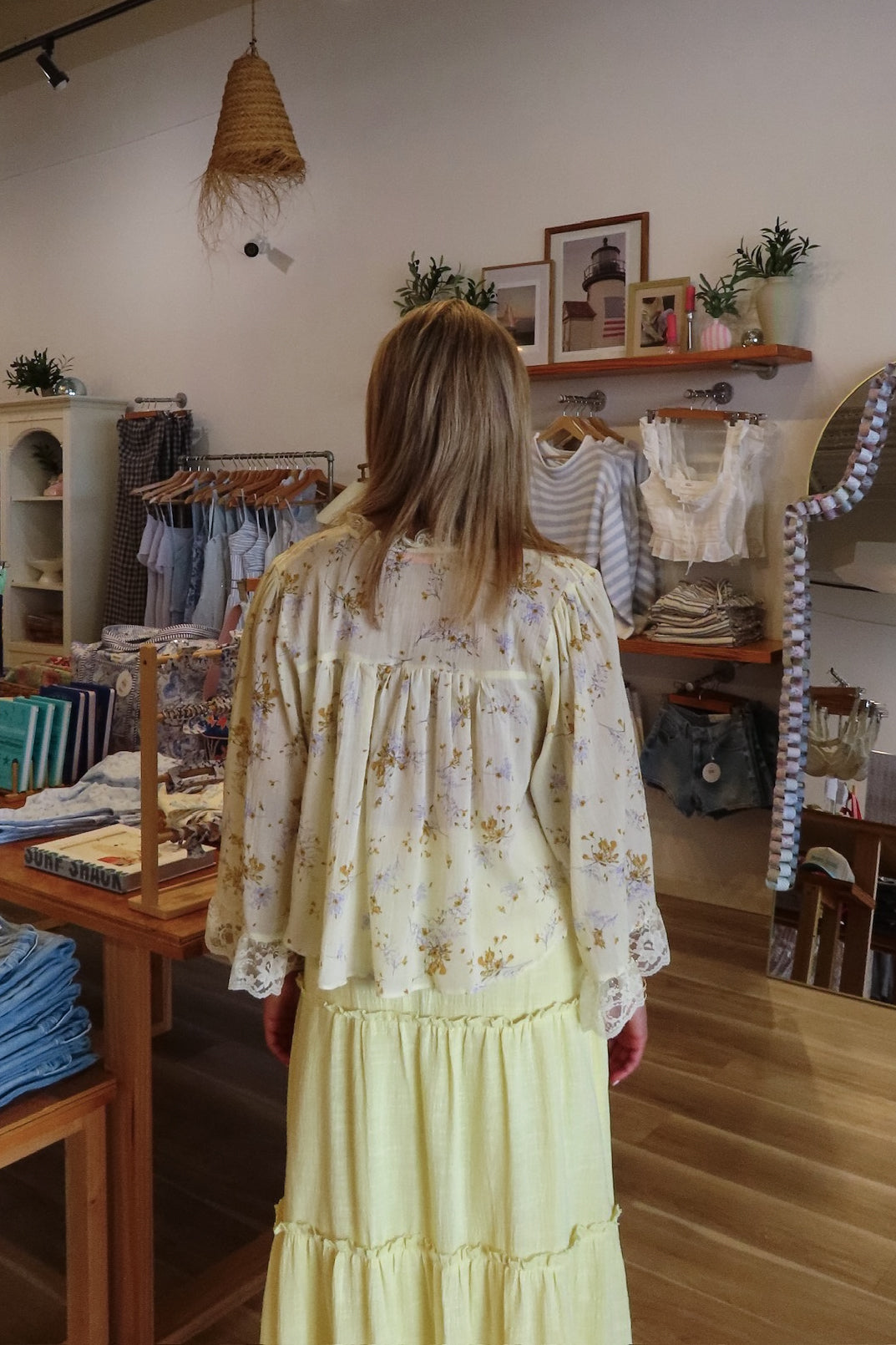 Yellow, floral blouse with lace trim and panelling, quarter sleeves, button down, and cropped length, boho blouse, summer aesthetic, brunch outfit, vacation style, vacation outfits, beach boutique, beach fashion, beach outfits, women’s boutique clothing, boutique clothing for women, coastal cowgirl outfits, coastal aesthetic clothing