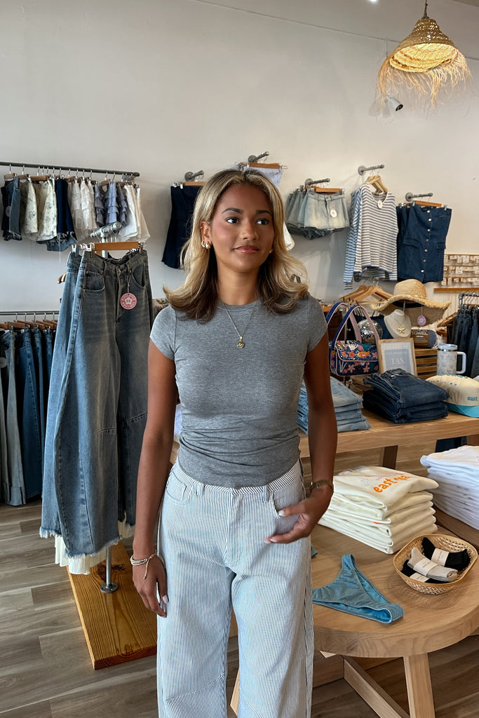 Fall Top, Grey Short sleeve Shirt,  Pixelated Boutique, Women's Clothing, Women's Jewelry and Gifts, Online Shopping for Women, Latest Fashion Trends 2025, Virginia Beach Clothing Stores, Clothing Stores in Virginia Beach, Aesthetic Fashion Trends, East Coast Fashion Styles, Sustainable Women's Clothing, Unique Gift Ideas for Women, Fall Fashion, Fall Outfit Ideas, Fall Fashion Inspiration, Womens Style, Outfit Inspo, Back to School Styles, OOTD
