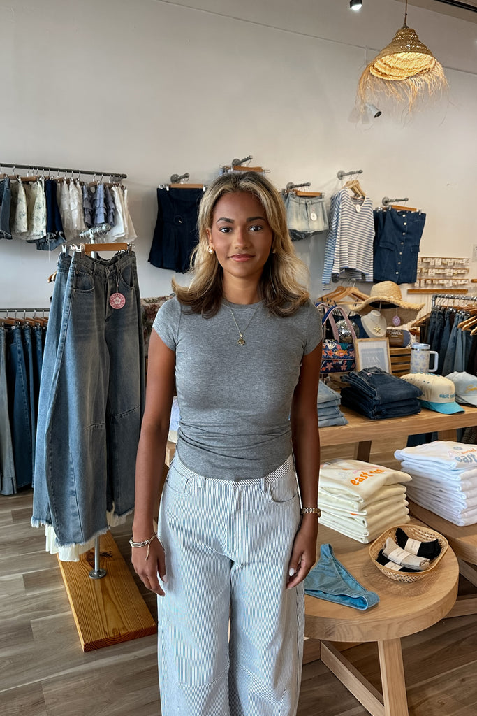 Fall Top, Grey Short sleeve Shirt,  Pixelated Boutique, Women's Clothing, Women's Jewelry and Gifts, Online Shopping for Women, Latest Fashion Trends 2025, Virginia Beach Clothing Stores, Clothing Stores in Virginia Beach, Aesthetic Fashion Trends, East Coast Fashion Styles, Sustainable Women's Clothing, Unique Gift Ideas for Women, Fall Fashion, Fall Outfit Ideas, Fall Fashion Inspiration, Womens Style, Outfit Inspo, Back to School Styles, OOTD
