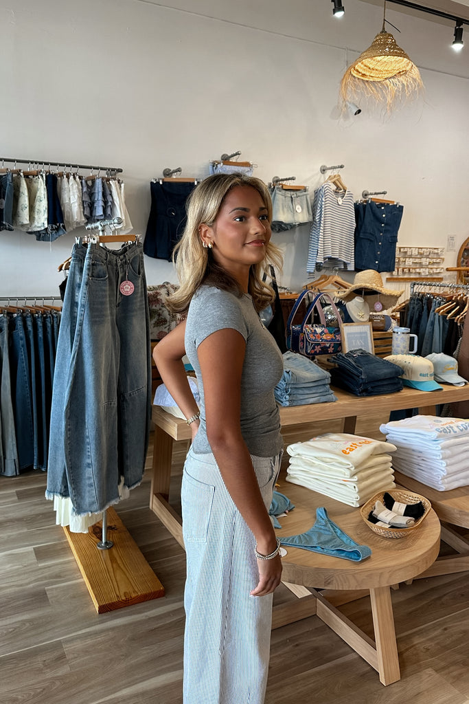 Fall Top, Grey Short sleeve Shirt,  Pixelated Boutique, Women's Clothing, Women's Jewelry and Gifts, Online Shopping for Women, Latest Fashion Trends 2025, Virginia Beach Clothing Stores, Clothing Stores in Virginia Beach, Aesthetic Fashion Trends, East Coast Fashion Styles, Sustainable Women's Clothing, Unique Gift Ideas for Women, Fall Fashion, Fall Outfit Ideas, Fall Fashion Inspiration, Womens Style, Outfit Inspo, Back to School Styles, OOTD

