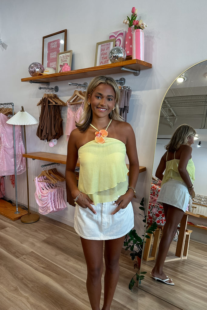 Yellow Top, Orchid Detail, Pixelated Boutique, Women's Clothing, Women's Jewelry and Gifts, Online Shopping for Women, Virginia Beach Clothing Stores, Aesthetic, East Coast Fashion Styles, Women's Clothing, Fall Fashion, Fall Outfit Ideas, Fall Fashion Inspiration, Womens Style, Outfit Inspo, Back to School Styles, OOTD