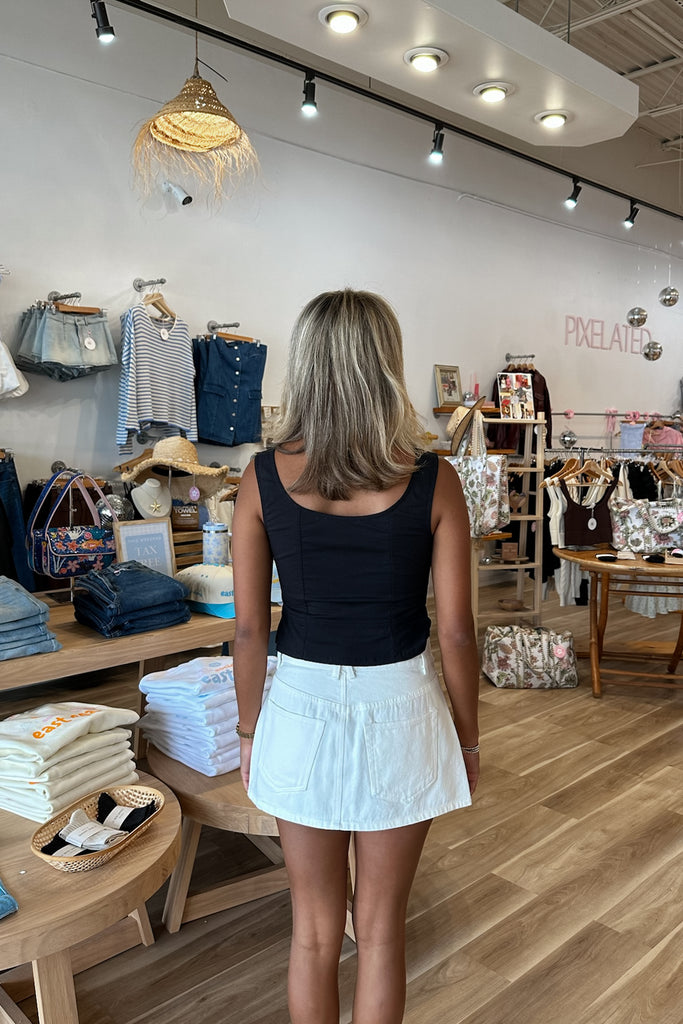 White Denim Skirt, Fall Skirt, Pixelated Boutique, Women's Clothing, Women's Jewelry and Gifts, Online Shopping for Women, Virginia Beach Clothing Stores, Aesthetic, East Coast Fashion Styles, Women's Clothing, Fall Fashion, Fall Outfit Ideas, Fall Fashion Inspiration, Womens Style, Outfit Inspo, Back to School Styles, OOTD
