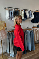 Red Oversized Sweater, Fall Sweater, Pixelated Boutique, Women's Clothing, Women's Jewelry and Gifts, Online Shopping for Women, Latest Fashion Trends 2025, Virginia Beach Clothing Stores, Clothing Stores in Virginia Beach, Aesthetic Fashion Trends, East Coast Fashion Styles, Sustainable Women's Clothing, Unique Gift Ideas for Women, Fall Fashion, Fall Outfit Ideas, Fall Fashion Inspiration, Womens Style, Outfit Inspo, Back to School Styles, OOTD