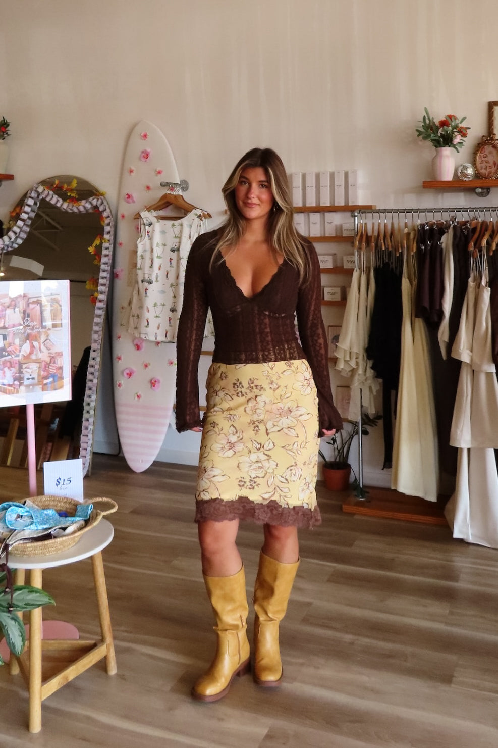 Yellow, floral midi skirt with contrast lace trim | Pixelated Boutique, Boutique Shopping in Virginia Beach, Women’s Boutique, Fall Fashion, Fall Dresses, Fall Shopping, Trendy Fall Outfits, Women’s Fall Clothing, Casual Fall Outfits