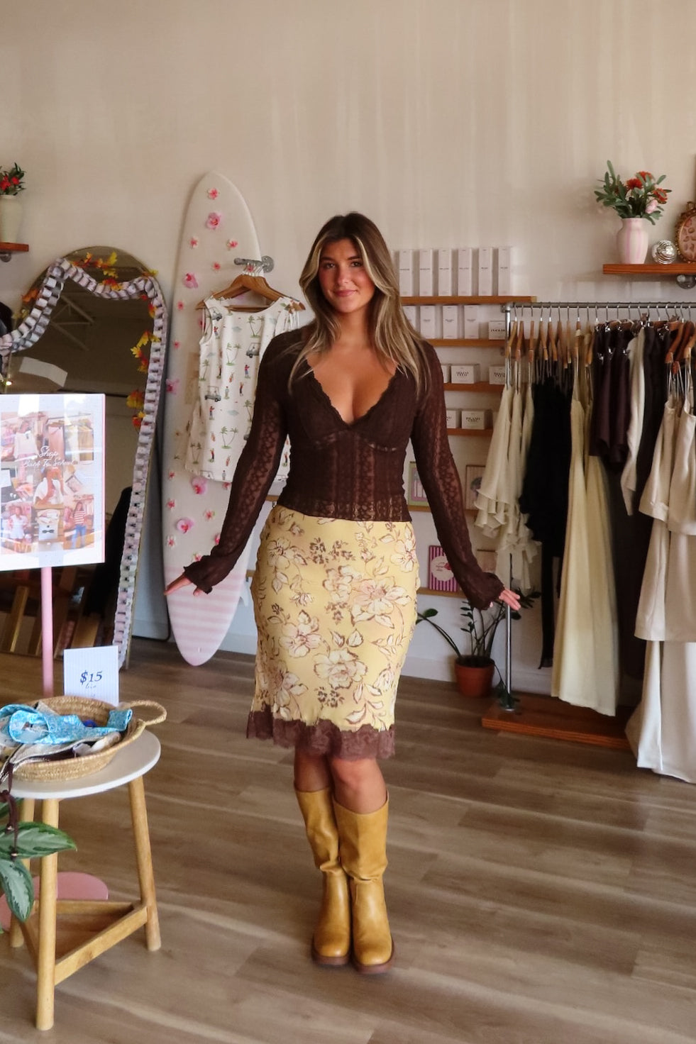 Yellow, floral midi skirt with contrast lace trim | | Pixelated Boutique, Boutique Shopping in Virginia Beach, Women’s Boutique, Fall Fashion, Fall Dresses, Fall Shopping, Trendy Fall Outfits, Women’s Fall Clothing, Casual Fall Outfits