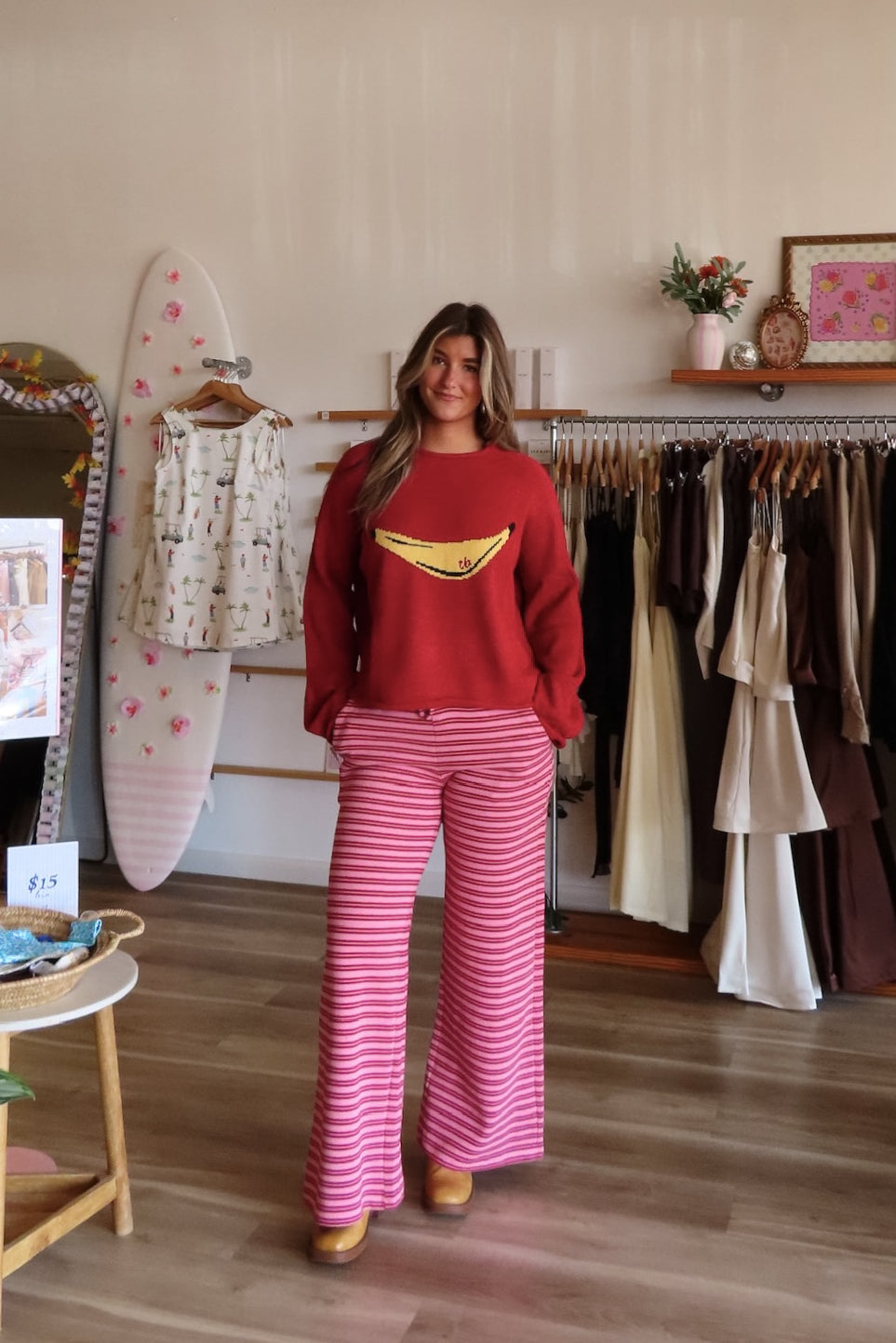Pink and red, striped lounge pants with wide leg, drawstring waist, and side pockets | Pixelated Boutique, Boutique Shopping in Virginia Beach, Loungewear Set, Chic Lounge Set, Matching Lounge Set, Women’s Loungewear, Lounge Set for Winter, Cozy Fall Outfit, Fall Fashion, Winter Layering, Winter Lounge Pants for Women
