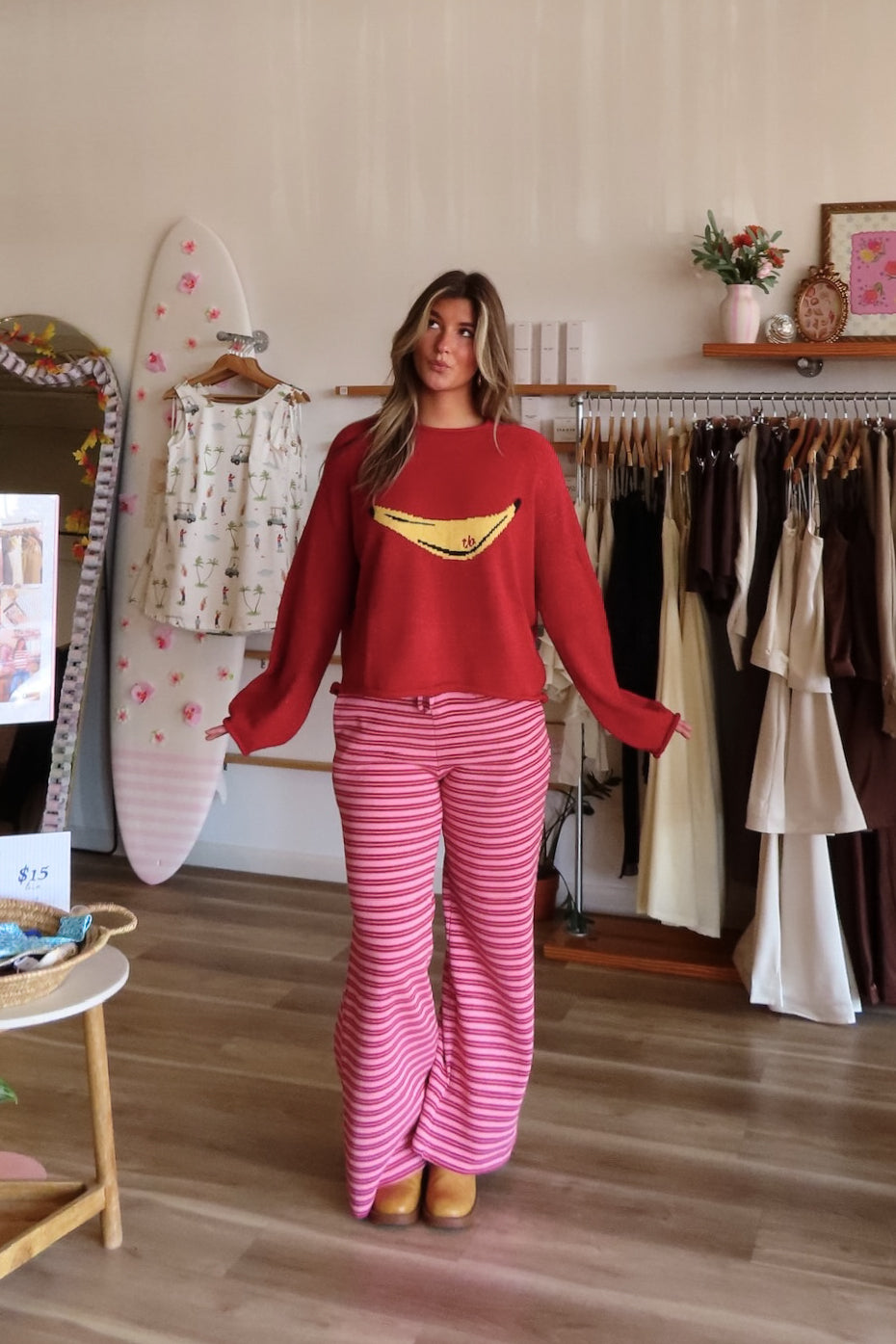 Pink and red, striped lounge pants with wide leg, drawstring waist, and side pockets | Pixelated Boutique, Boutique Shopping in Virginia Beach, Loungewear Set, Chic Lounge Set, Matching Lounge Set, Women’s Loungewear, Lounge Set for Winter, Cozy Fall Outfit, Fall Fashion, Winter Layering, Winter Lounge Pants for Women