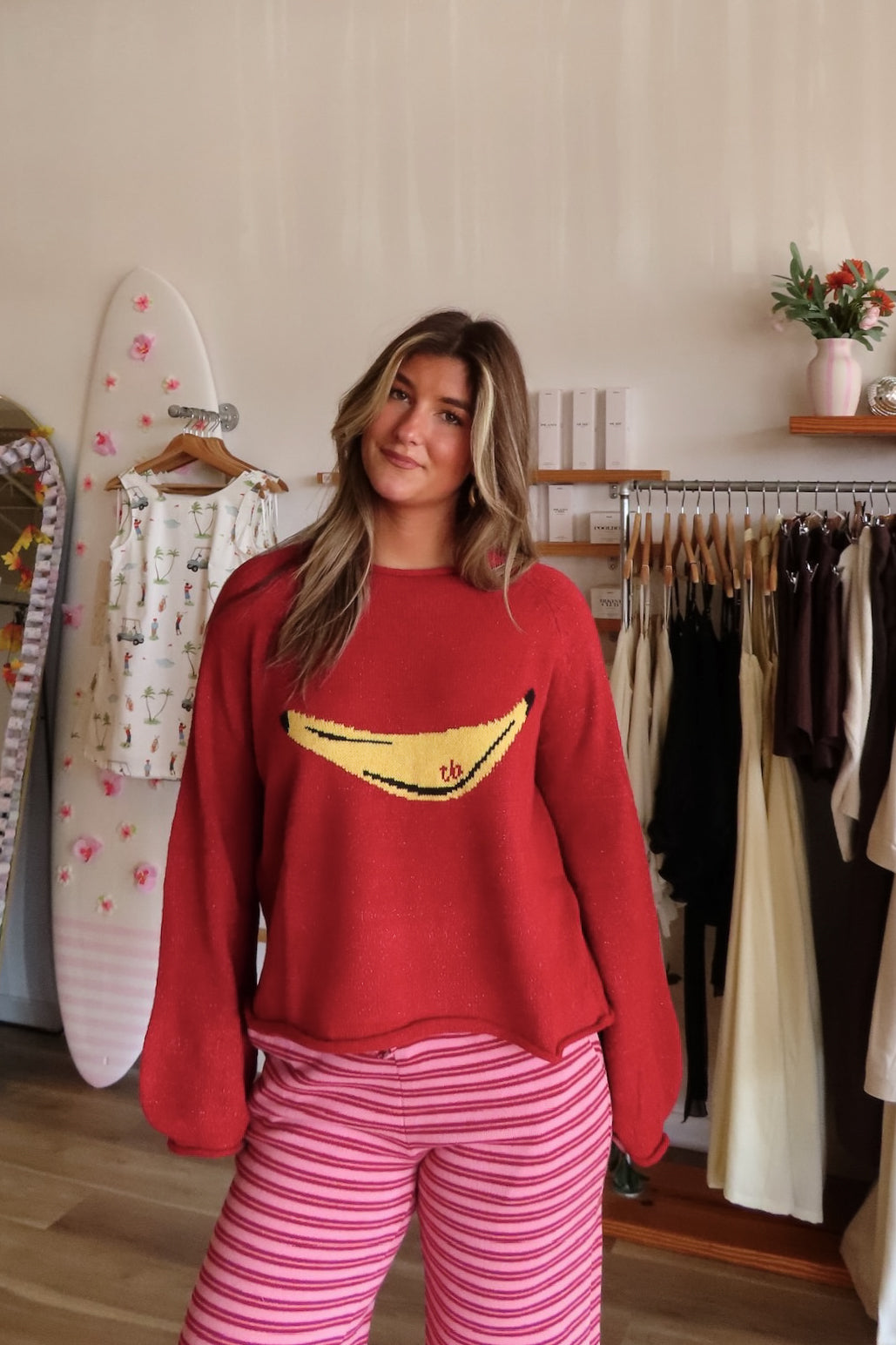 Red, banana graphic sweater with rolled edges and balloon sleeves | Pixelated Boutique, Boutique Clothing in Virginia Beach, Statement Sweaters, Chunky Sweaters, Trendy Sweaters, Cozy Knit Sweaters for Women, Oversized Sweaters, Cute Fall Sweaters, Fall Fashion Inspiration  
