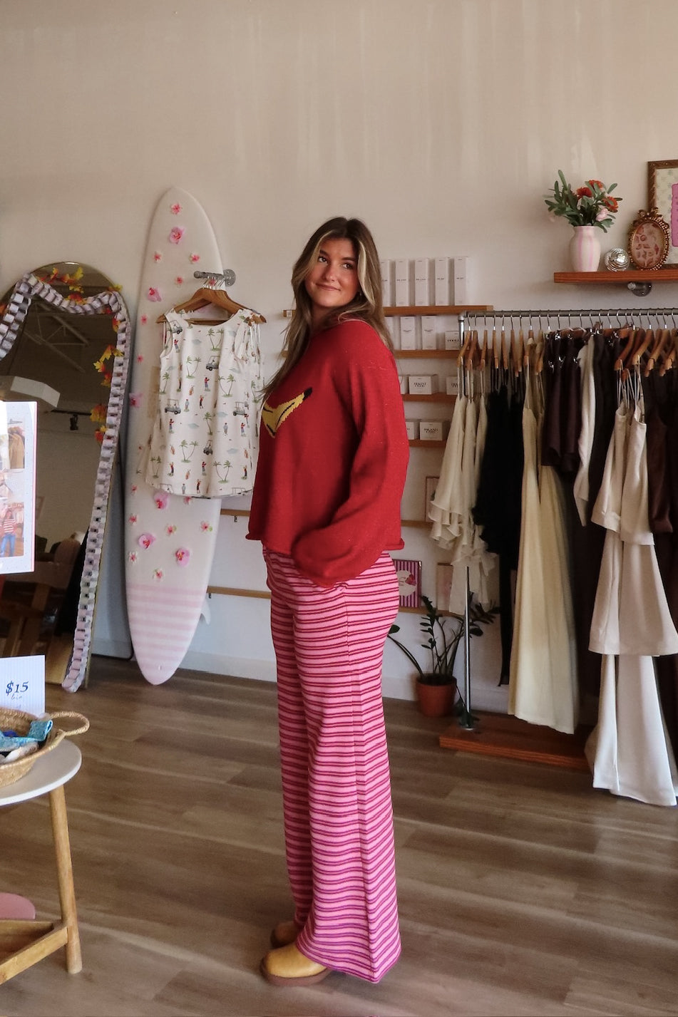 Pink and red, striped lounge pants with wide leg, drawstring waist, and side pockets | Pixelated Boutique, Boutique Shopping in Virginia Beach, Loungewear Set, Chic Lounge Set, Matching Lounge Set, Women’s Loungewear, Lounge Set for Winter, Cozy Fall Outfit, Fall Fashion, Winter Layering, Winter Lounge Pants for Women