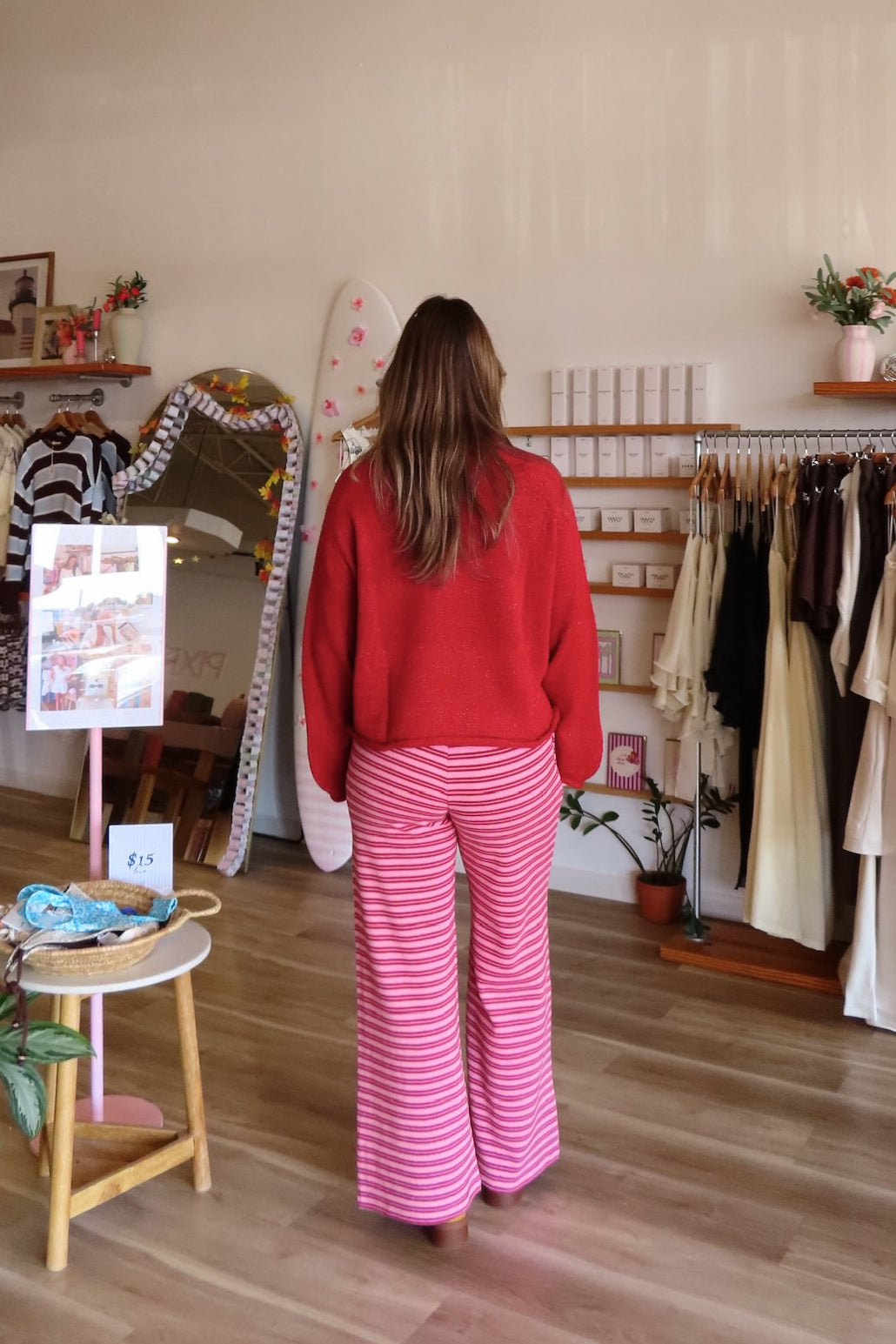 Pink and red, striped lounge pants with wide leg, drawstring waist, and side pockets | Pixelated Boutique, Boutique Shopping in Virginia Beach, Loungewear Set, Chic Lounge Set, Matching Lounge Set, Women’s Loungewear, Lounge Set for Winter, Cozy Fall Outfit, Fall Fashion, Winter Layering, Winter Lounge Pants for Women