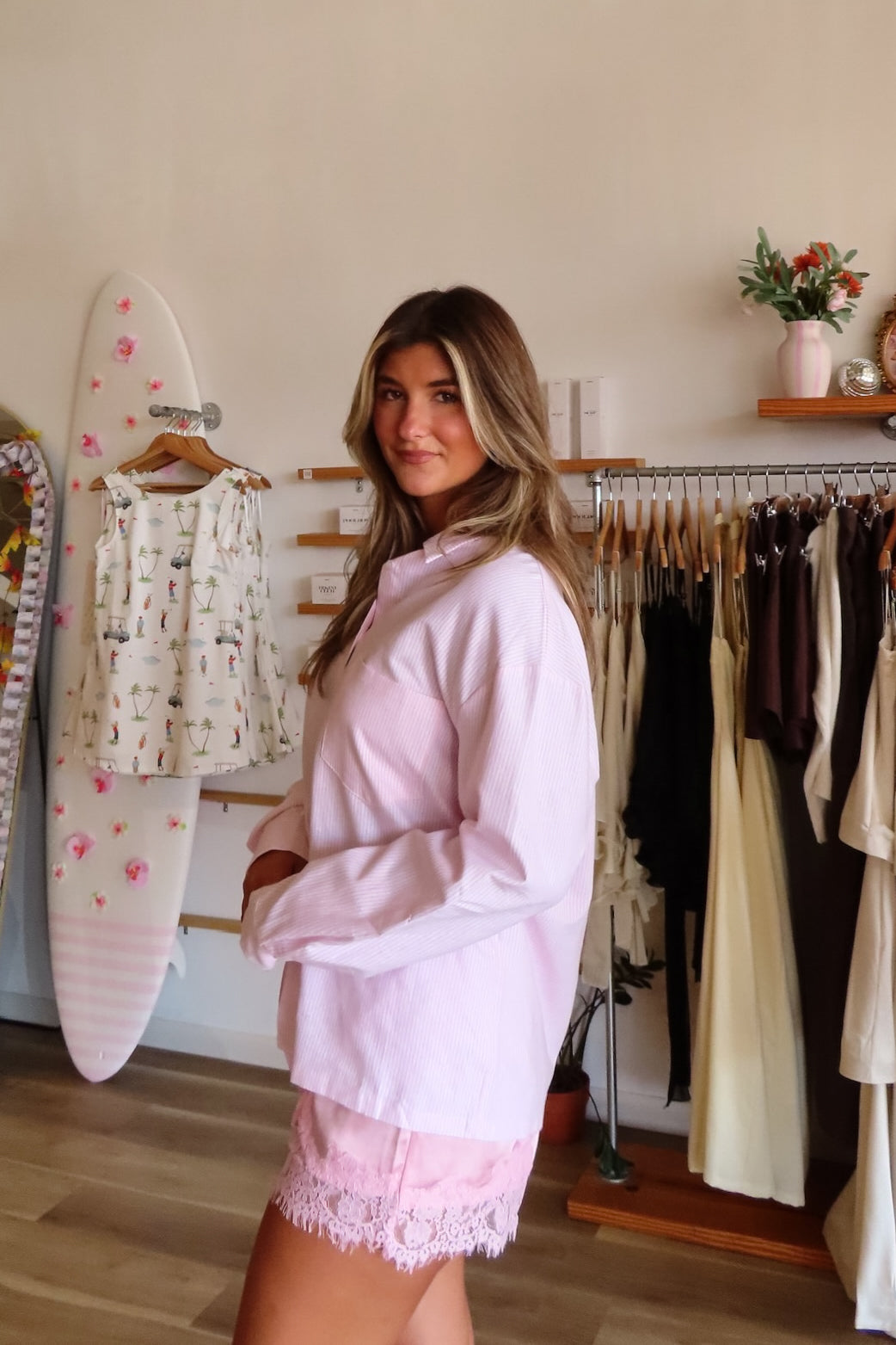Pink, striped button down shirt with collared neckline, drop shoulder, button cuffs, front pocket, and oversized fit | Pixelated Boutique, Virginia Beach Clothing Stores, Clothing Stores in Virginia Beach, Virginia Beach Boutique, 757 Boutique, Beach Fashion, Vacation Style, Coastal Cowgirl Aesthetic