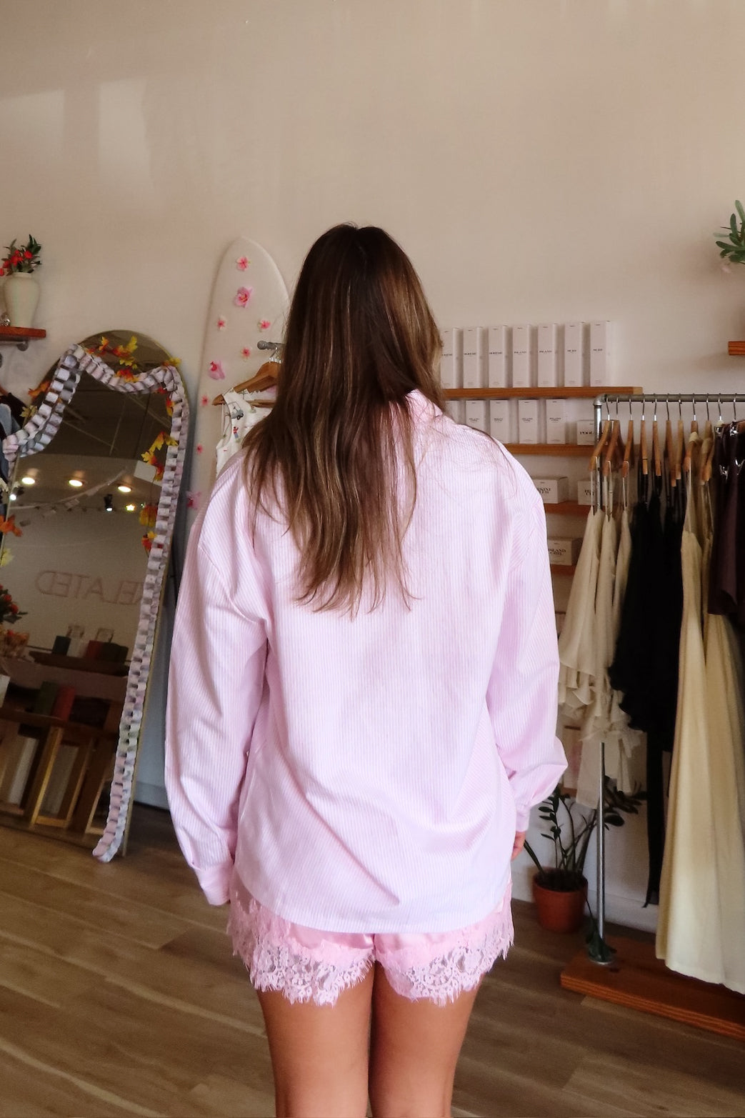 Pink, striped button down shirt with collared neckline, drop shoulder, button cuffs, front pocket, and oversized fit | Pixelated Boutique, Virginia Beach Clothing Stores, Clothing Stores in Virginia Beach, Virginia Beach Boutique, 757 Boutique, Beach Fashion, Vacation Style, Coastal Cowgirl Aesthetic