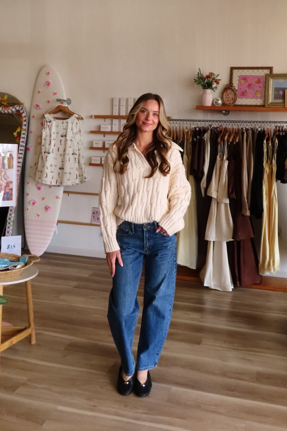 Blue, high-rise jeans with slight barrel leg and pockets | Pixelated Boutique, Boutique Shopping in Virginia Beach, Women’s Boutique, Fall Fashion, Fall Dresses, Fall Shopping, Trendy Fall Outfits, Women’s Fall Clothing, Casual Fall Outfit, Women's Low Rise Jean