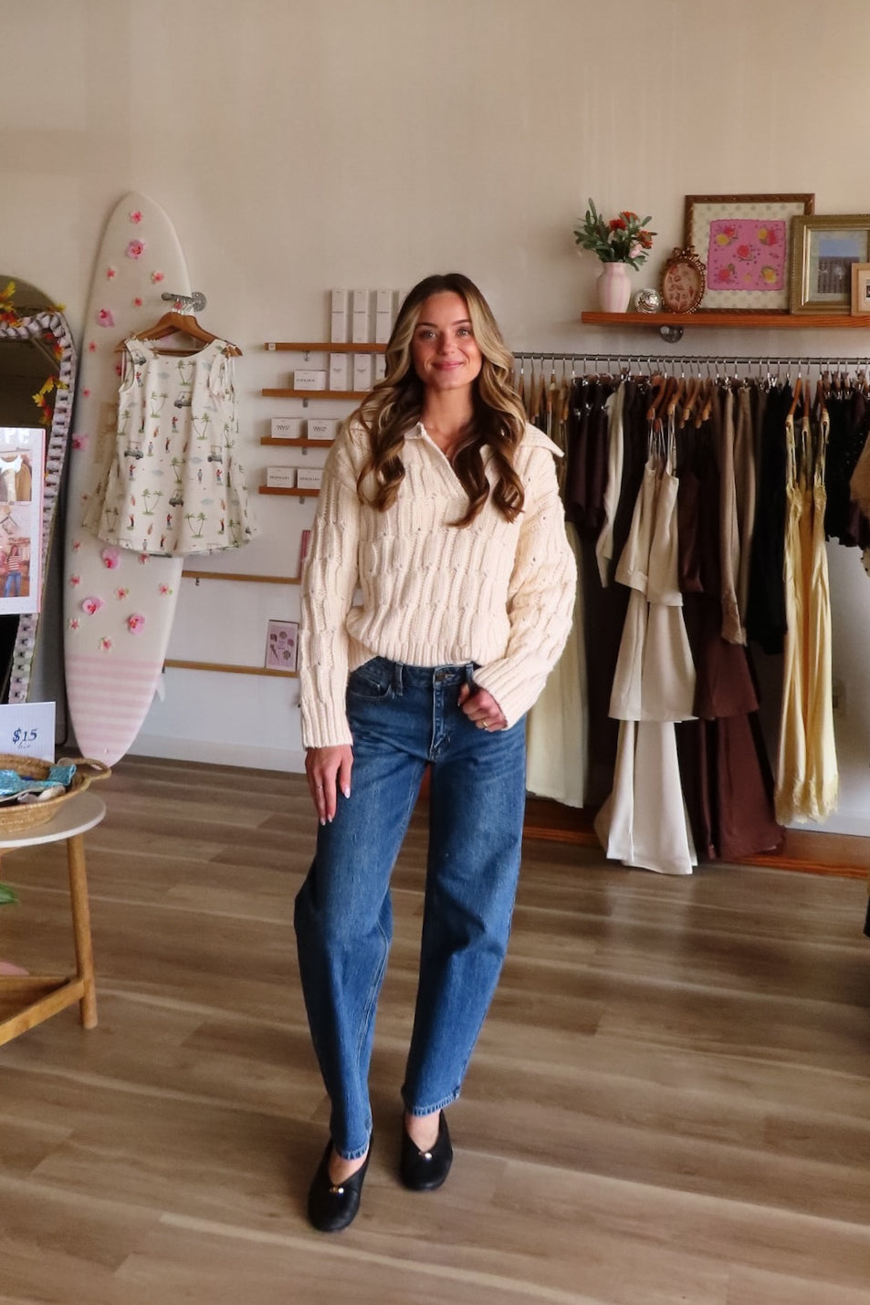 Blue, high-rise jeans with slight barrel leg and pockets | Pixelated Boutique, Boutique Shopping in Virginia Beach, Women’s Boutique, Fall Fashion, Fall Dresses, Fall Shopping, Trendy Fall Outfits, Women’s Fall Clothing, Casual Fall Outfit, Women's Low Rise Jean