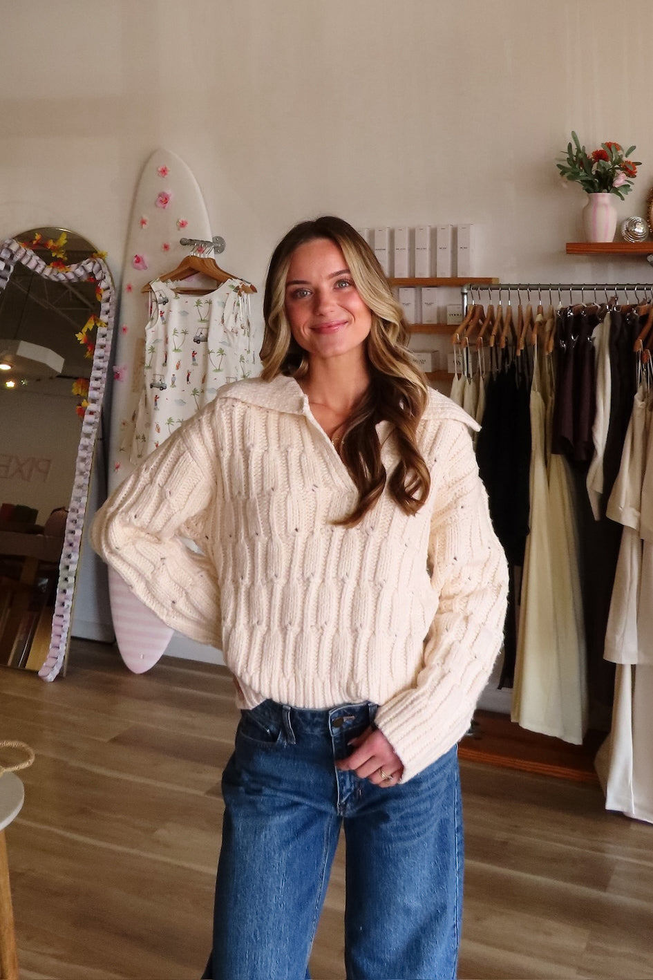 Cream, cable knit sweater with collared V neckline and ribbed hem | Pixelated Boutique, Boutique Clothing in Virginia Beach, Statement Sweaters, Chunky Sweaters, Trendy Sweaters, Cozy Knit Sweaters for Women, Oversized Sweaters, Cute Fall Sweaters, Fall Fashion Inspiration  