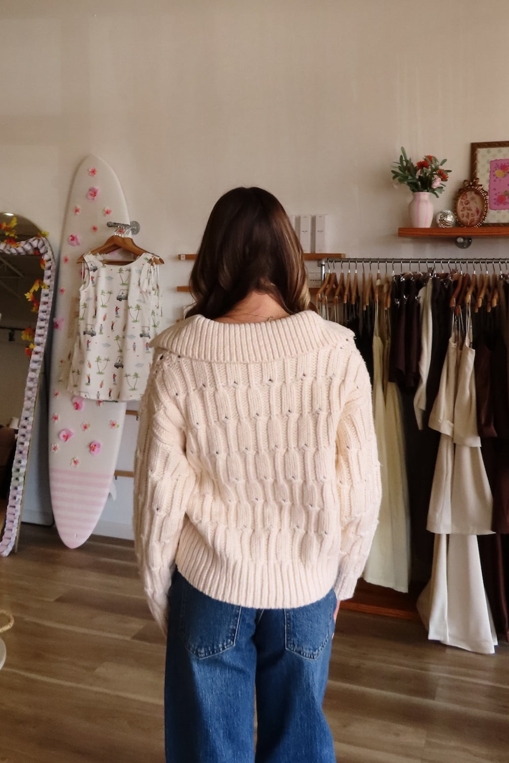 Cream, cable knit sweater with collared V neckline and ribbed hem | Pixelated Boutique, Boutique Clothing in Virginia Beach, Statement Sweaters, Chunky Sweaters, Trendy Sweaters, Cozy Knit Sweaters for Women, Oversized Sweaters, Cute Fall Sweaters, Fall Fashion Inspiration  