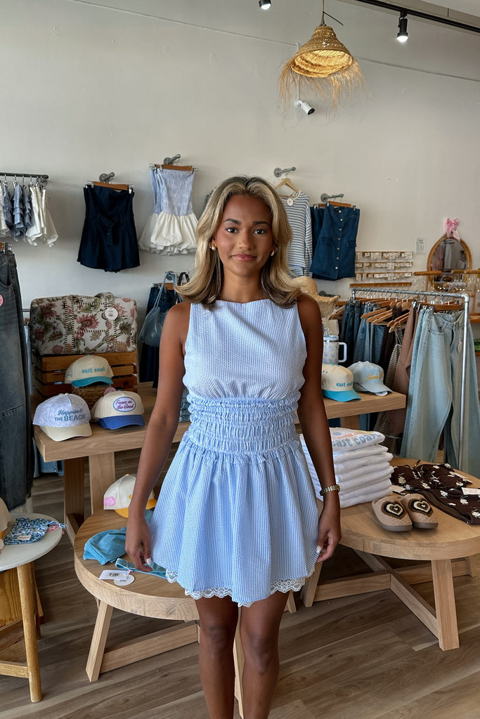 Blue pinstripe dress, Pixelated Boutique, Women's Clothing, Women's Jewelry and Gifts, Online Shopping for Women, Virginia Beach Clothing Stores, Aesthetic, East Coast Fashion Styles, Women's Clothing, Fall Fashion, Fall Outfit Ideas, Fall Fashion Inspiration, Womens Style, Outfit Inspo, Back to School Styles, OOTD, Rush Dress