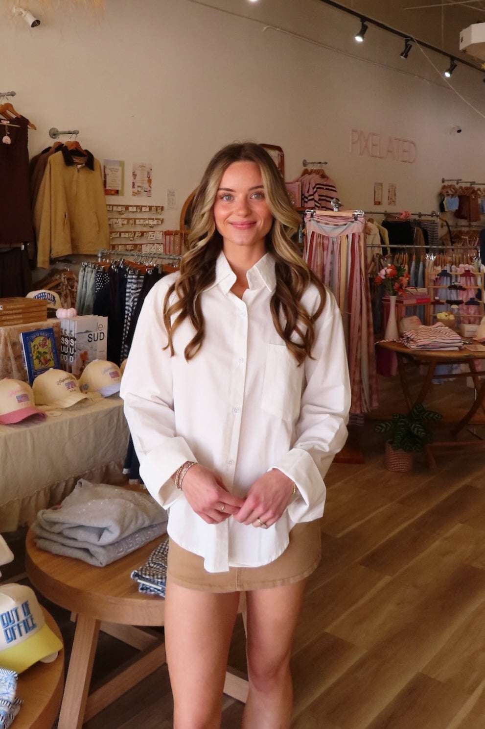 White, button down shirt with collared neckline, drop shoulder, and oversized fit | Pixelated Boutique, Boutique Shopping in Virginia Beach, Women’s Boutique, Fall Fashion, Fall Dresses, Fall Shopping, Trendy Fall Outfits, Women’s Fall Clothing, Casual Fall Outfit