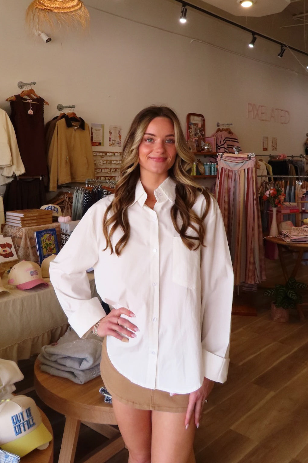 White, button down shirt with collared neckline, drop shoulder, and oversized fit | Pixelated Boutique, Boutique Shopping in Virginia Beach, Women’s Boutique, Fall Fashion, Fall Dresses, Fall Shopping, Trendy Fall Outfits, Women’s Fall Clothing, Casual Fall Outfit