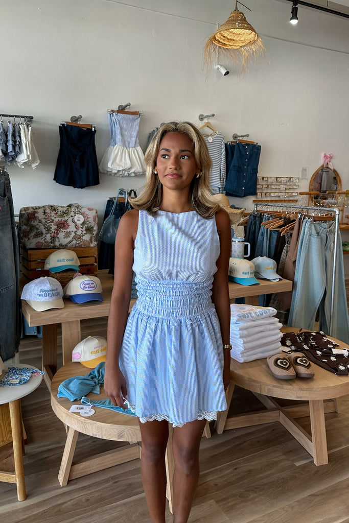 Blue pinstripe dress, Pixelated Boutique, Women's Clothing, Women's Jewelry and Gifts, Online Shopping for Women, Virginia Beach Clothing Stores, Aesthetic, East Coast Fashion Styles, Women's Clothing, Fall Fashion, Fall Outfit Ideas, Fall Fashion Inspiration, Womens Style, Outfit Inspo, Back to School Styles, OOTD, Rush Dress