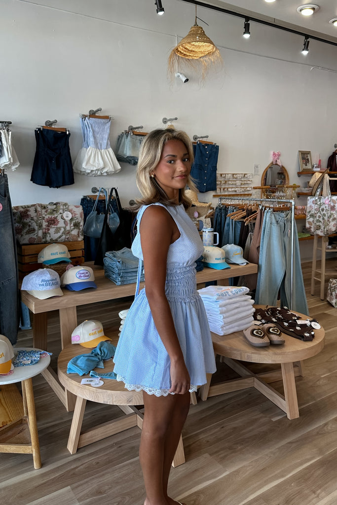 Blue pinstripe dress, Pixelated Boutique, Women's Clothing, Women's Jewelry and Gifts, Online Shopping for Women, Virginia Beach Clothing Stores, Aesthetic, East Coast Fashion Styles, Women's Clothing, Fall Fashion, Fall Outfit Ideas, Fall Fashion Inspiration, Womens Style, Outfit Inspo, Back to School Styles, OOTD, Rush Dress