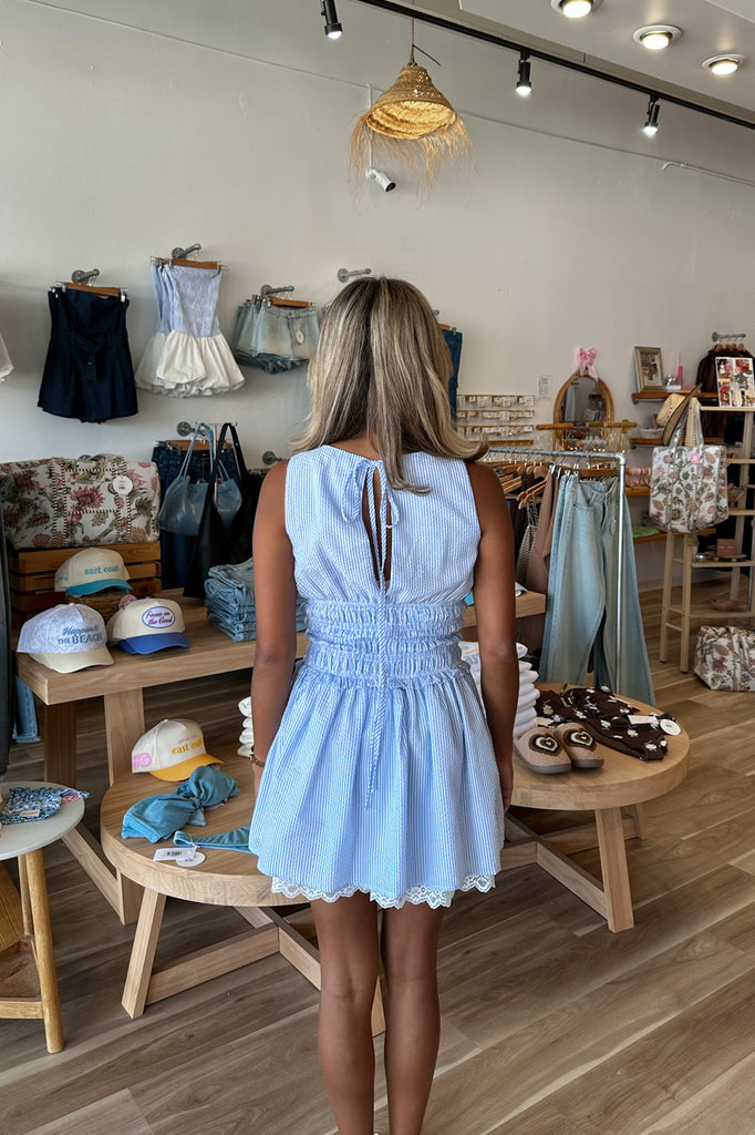 Blue pinstripe dress, Pixelated Boutique, Women's Clothing, Women's Jewelry and Gifts, Online Shopping for Women, Virginia Beach Clothing Stores, Aesthetic, East Coast Fashion Styles, Women's Clothing, Fall Fashion, Fall Outfit Ideas, Fall Fashion Inspiration, Womens Style, Outfit Inspo, Back to School Styles, OOTD, Rush Dress