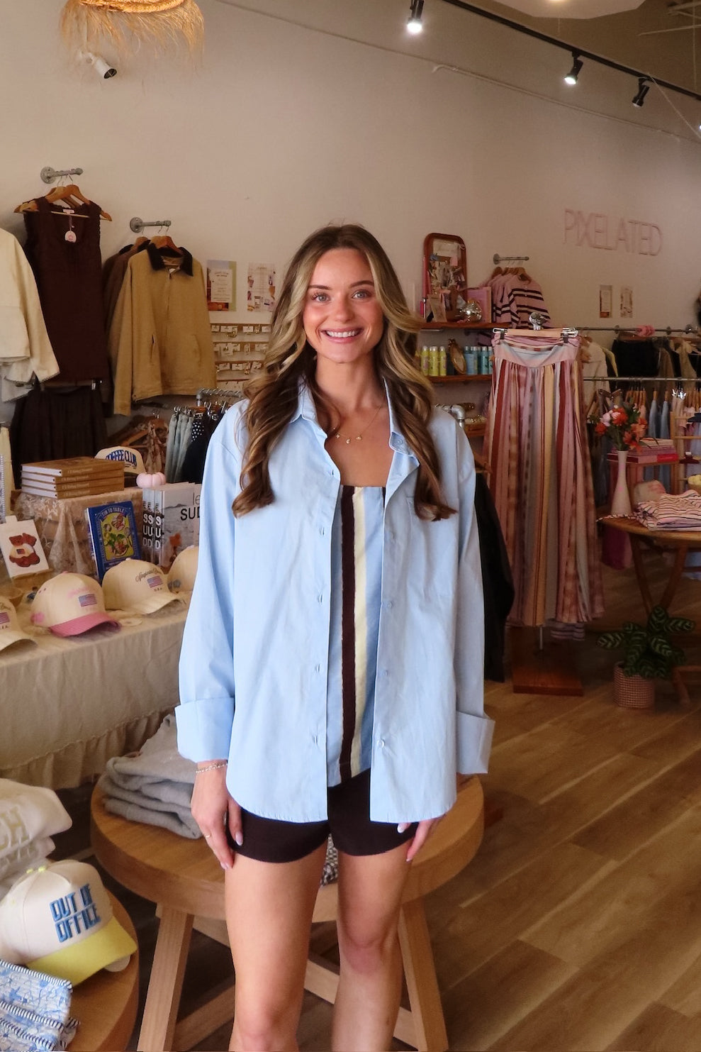 Blue, button down shirt with collared neckline, drop shoulder, and oversized fit | Pixelated Boutique, Virginia Beach Clothing Stores, Clothing Stores in Virginia Beach, Virginia Beach Boutique, 757 Boutique, Beach Fashion, Vacation Style, Coastal Cowgirl Aesthetic