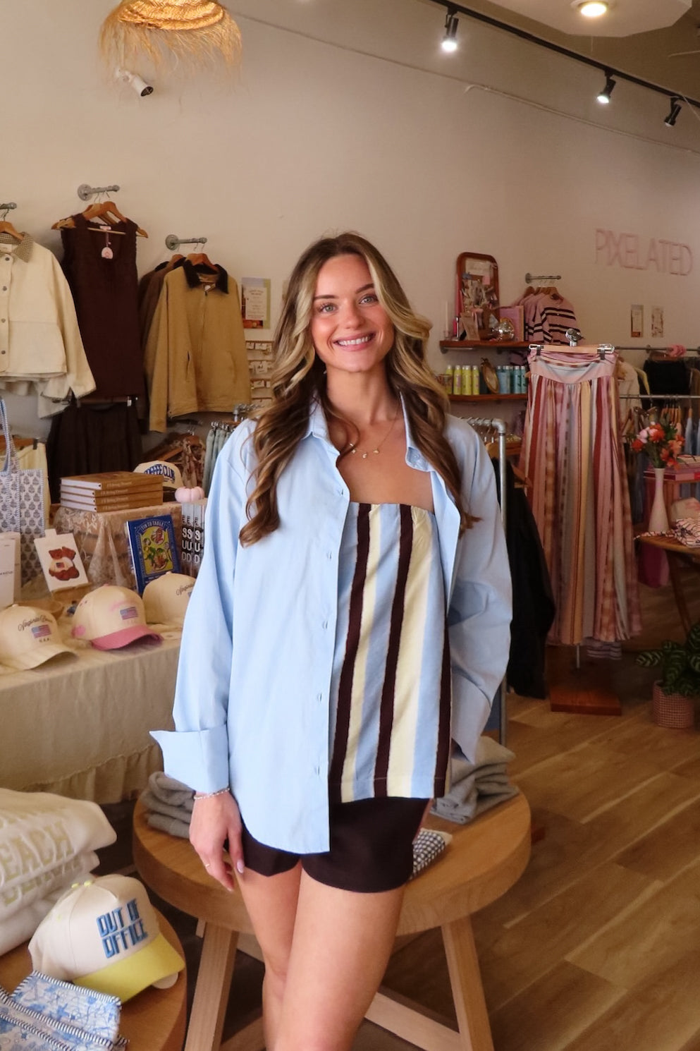 Blue, button down shirt with collared neckline, drop shoulder, and oversized fit | Pixelated Boutique, Virginia Beach Clothing Stores, Clothing Stores in Virginia Beach, Virginia Beach Boutique, 757 Boutique, Beach Fashion, Vacation Style, Coastal Cowgirl Aesthetic