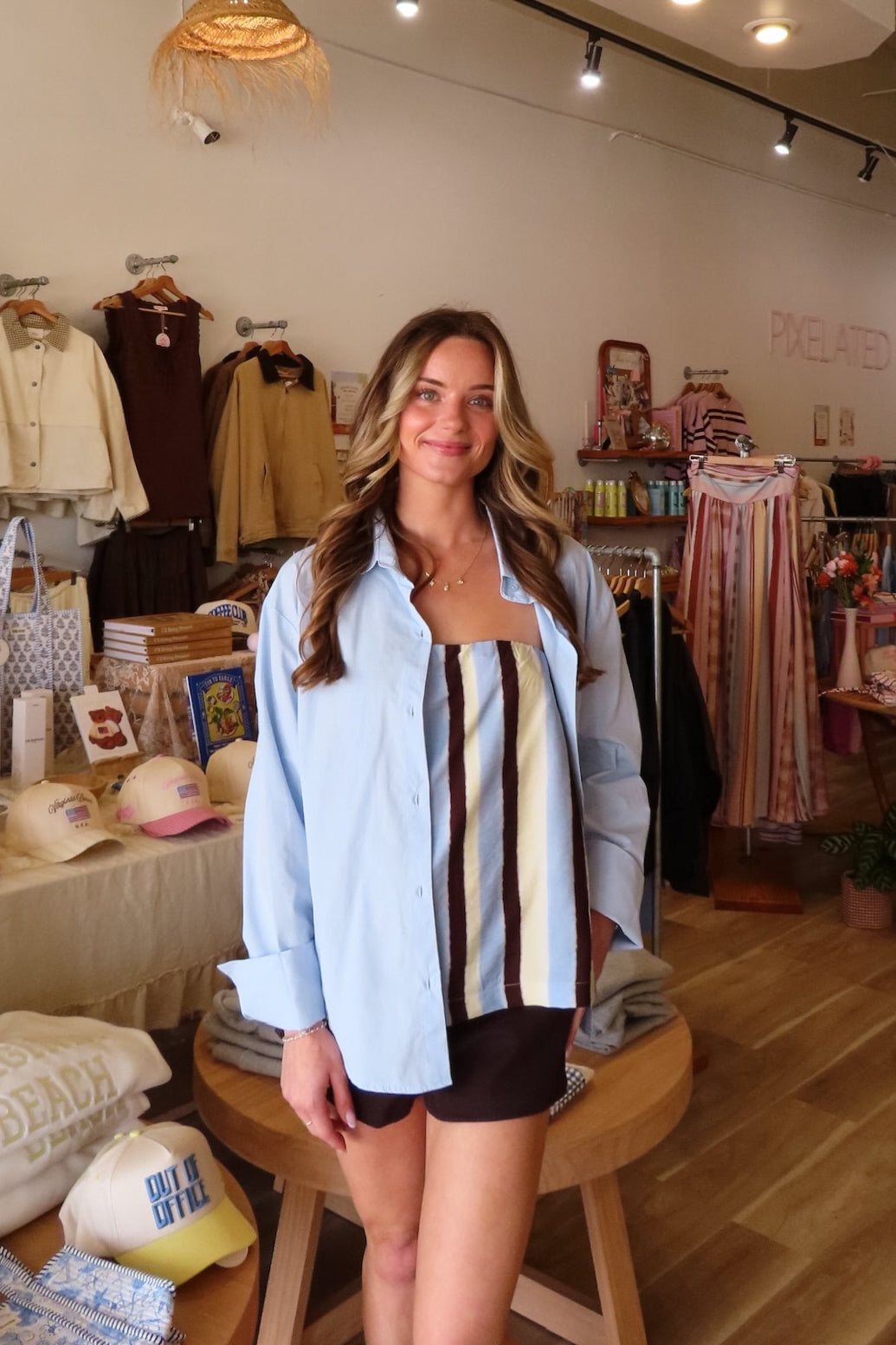 Blue, button down shirt with collared neckline, drop shoulder, and oversized fit | Pixelated Boutique, Virginia Beach Clothing Stores, Clothing Stores in Virginia Beach, Virginia Beach Boutique, 757 Boutique, Beach Fashion, Vacation Style, Coastal Cowgirl Aesthetic