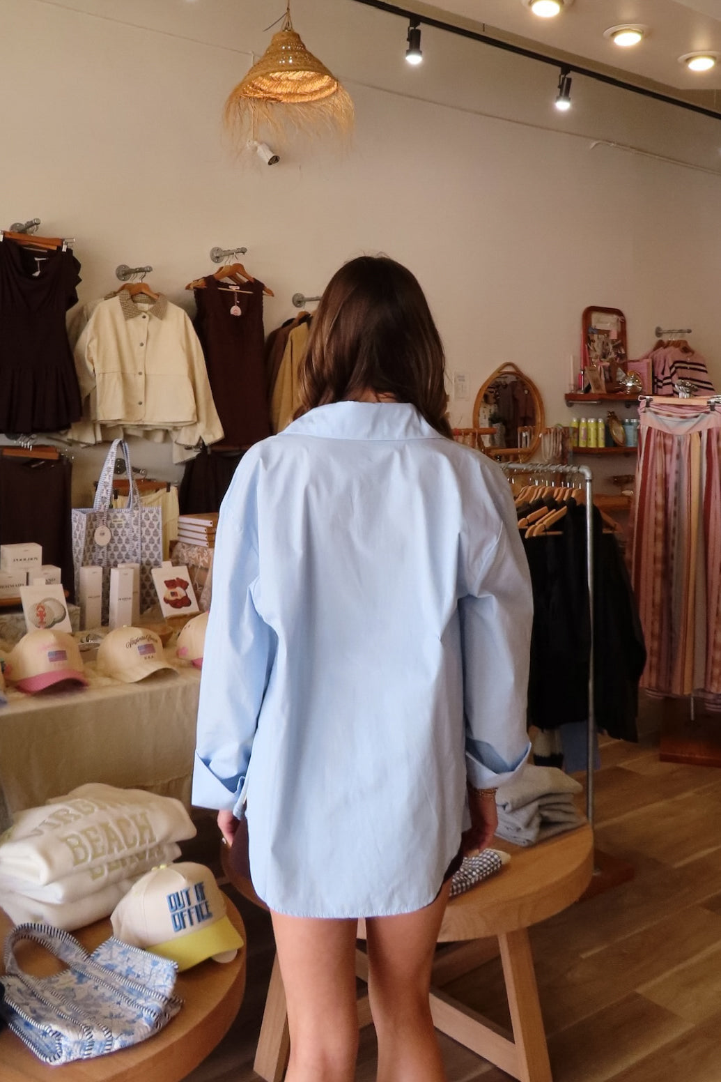 Blue, button down shirt with collared neckline, drop shoulder, and oversized fit | Pixelated Boutique, Virginia Beach Clothing Stores, Clothing Stores in Virginia Beach, Virginia Beach Boutique, 757 Boutique, Beach Fashion, Vacation Style, Coastal Cowgirl Aesthetic