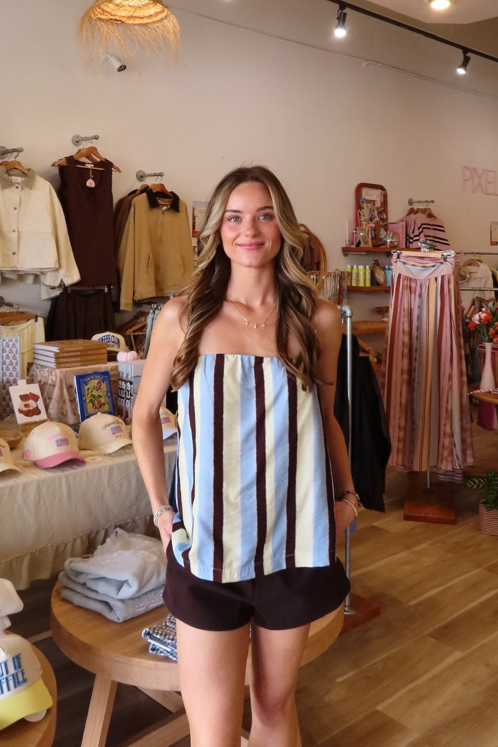 Blue, striped tube top with strapless neckline, full length, and relaxed fit | Pixelated Boutique, Virginia Beach Clothing Stores, Clothing Stores in Virginia Beach, Virginia Beach Boutique, 757 Boutique, Beach Fashion, Vacation Style, Coastal Cowgirl Aesthetic