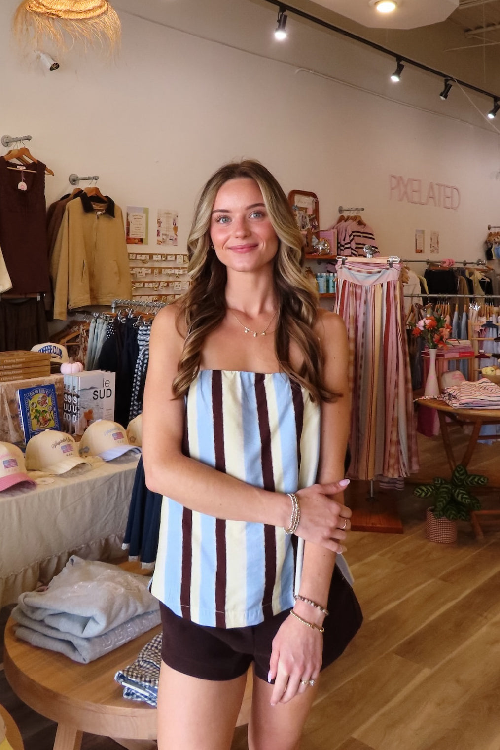 Blue, striped tube top with strapless neckline, full length, and relaxed fit | Pixelated Boutique, Virginia Beach Clothing Stores, Clothing Stores in Virginia Beach, Virginia Beach Boutique, 757 Boutique, Beach Fashion, Vacation Style, Coastal Cowgirl Aesthetic