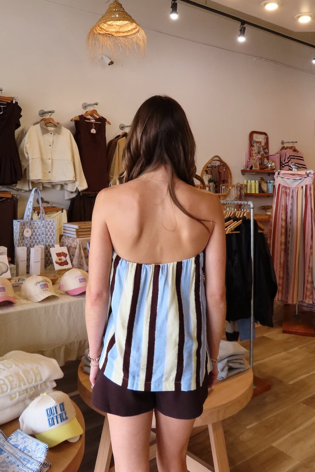 Blue, striped tube top with strapless neckline, full length, and relaxed fit | Pixelated Boutique, Virginia Beach Clothing Stores, Clothing Stores in Virginia Beach, Virginia Beach Boutique, 757 Boutique, Beach Fashion, Vacation Style, Coastal Cowgirl Aesthetic
