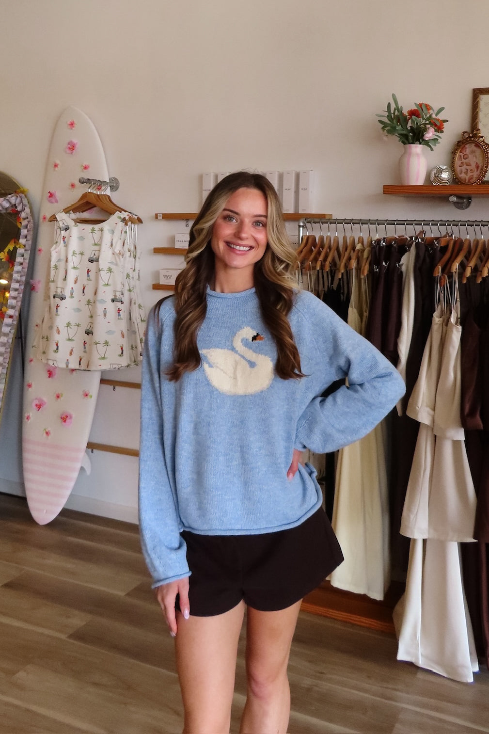 Blue, swan graphic sweater with rolled edges and balloon sleeves | Pixelated Boutique, Boutique Shopping in Virginia Beach, Loungewear Set, Chic Lounge Set, Matching Lounge Set, Women’s Loungewear, Lounge Set for Winter, Cozy Fall Outfit, Back to School Shopping, Fall Fashion 