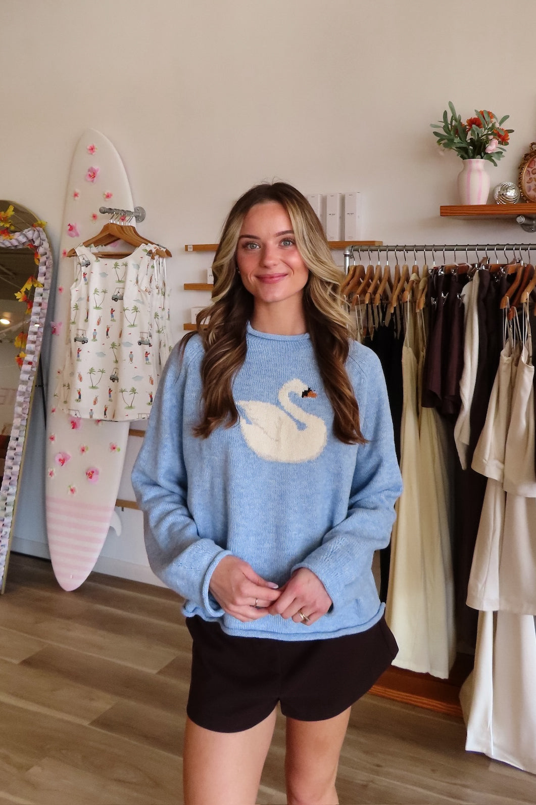 Blue, swan graphic sweater with rolled edges and balloon sleeves | Pixelated Boutique, Boutique Shopping in Virginia Beach, Loungewear Set, Chic Lounge Set, Matching Lounge Set, Women’s Loungewear, Lounge Set for Winter, Cozy Fall Outfit, Back to School Shopping, Fall Fashion 