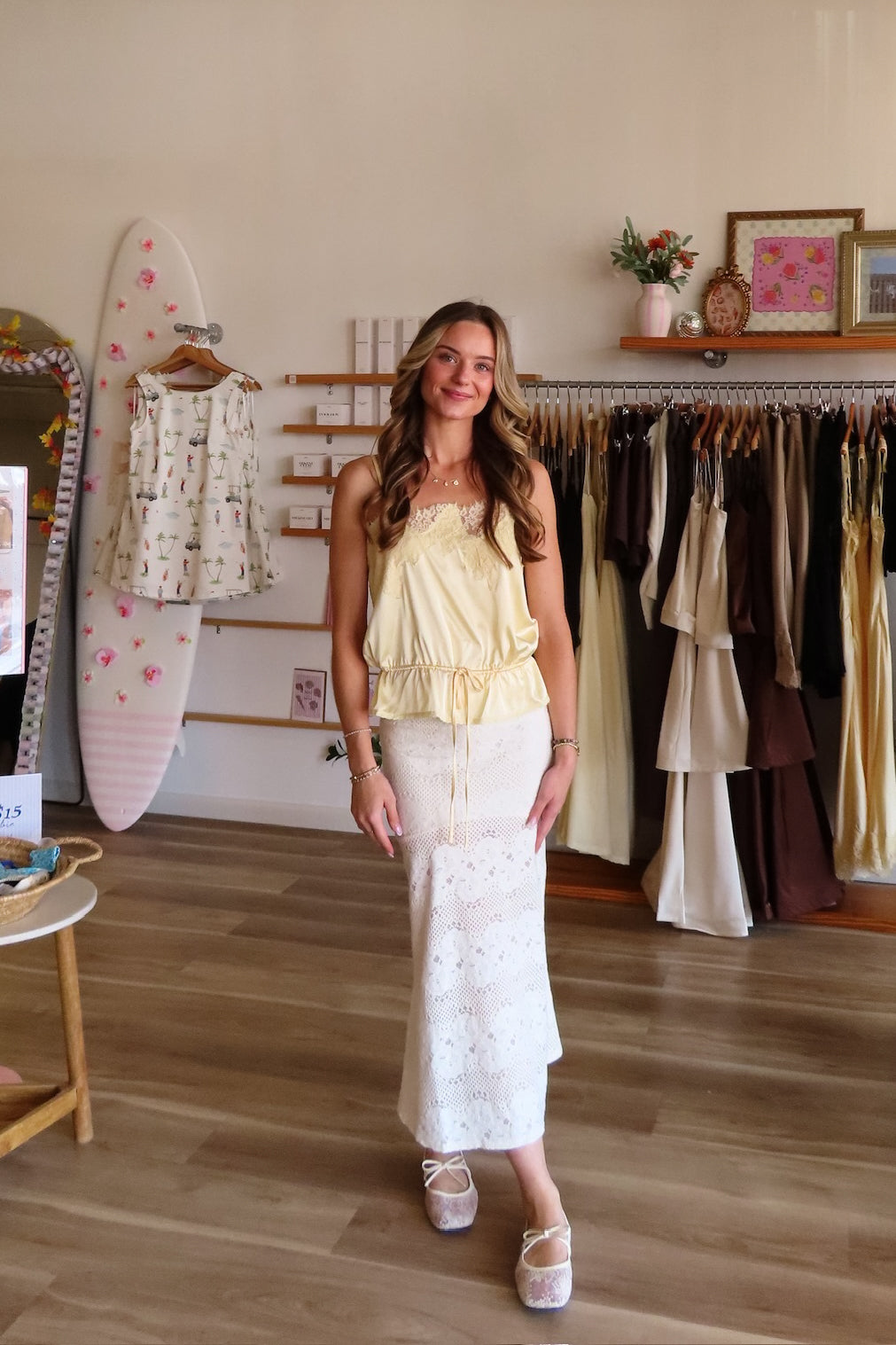 White, floral lace midi skirt with elastic waist, back leg slit, and sheer fabric | Pixelated Boutique, Virginia Beach Clothing Stores, Clothing Stores in Virginia Beach, Virginia Beach Boutique, 757 Boutique, Beach Fashion, Vacation Style, Coastal Cowgirl Aesthetic