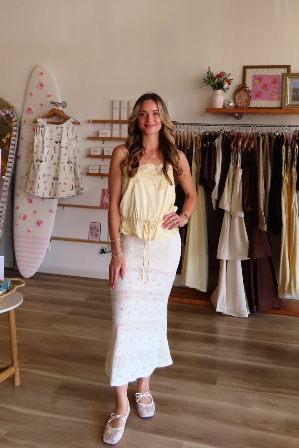 White, floral lace midi skirt with elastic waist, back leg slit, and sheer fabric | Pixelated Boutique, Virginia Beach Clothing Stores, Clothing Stores in Virginia Beach, Virginia Beach Boutique, 757 Boutique, Beach Fashion, Vacation Style, Coastal Cowgirl Aesthetic