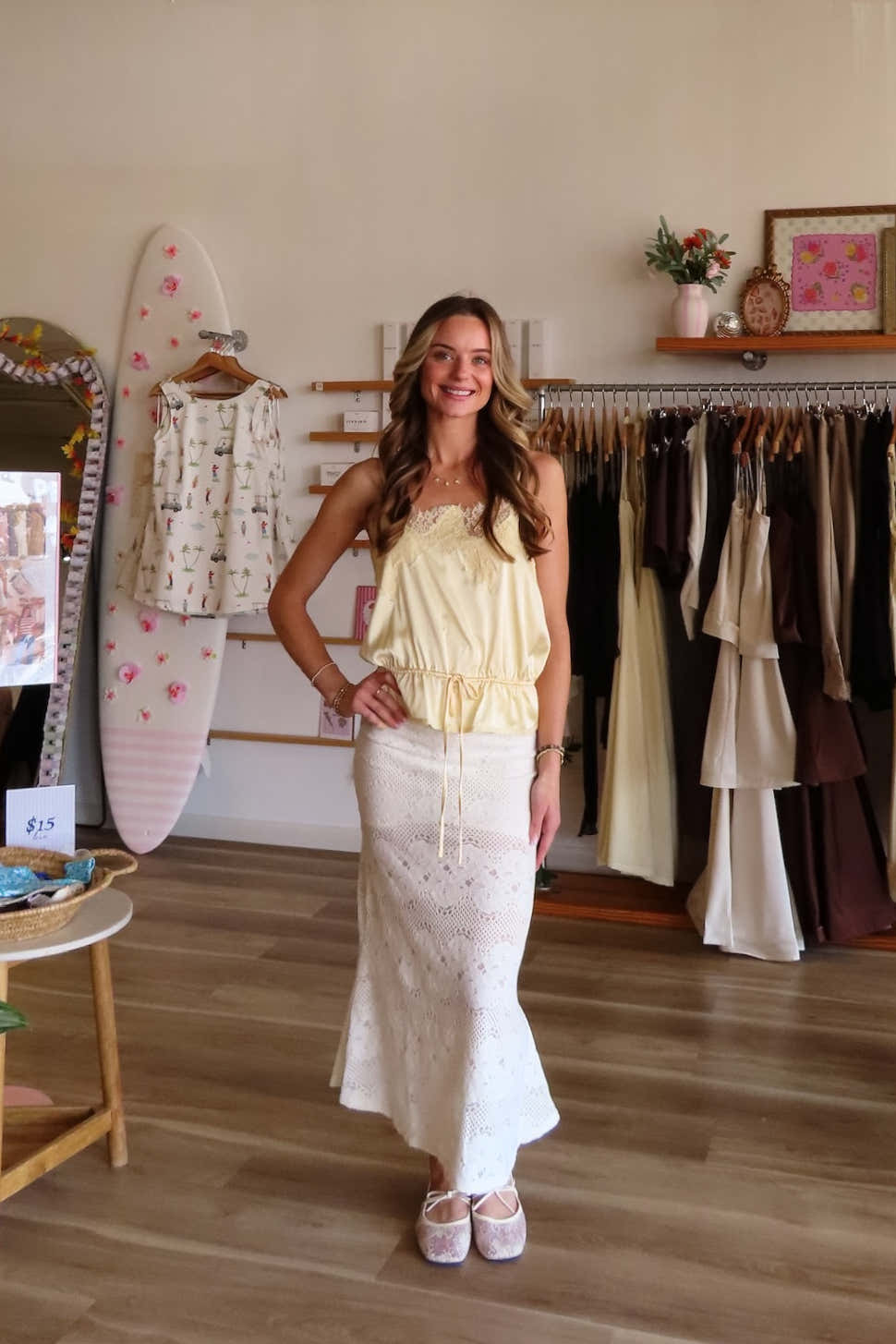 White, floral lace midi skirt with elastic waist, back leg slit, and sheer fabric | Pixelated Boutique, Virginia Beach Clothing Stores, Clothing Stores in Virginia Beach, Virginia Beach Boutique, 757 Boutique, Beach Fashion, Vacation Style, Coastal Cowgirl Aesthetic