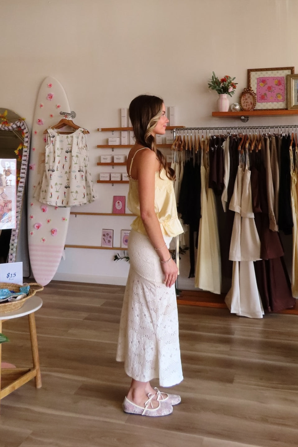 White, floral lace midi skirt with elastic waist, back leg slit, and sheer fabric | Pixelated Boutique, Virginia Beach Clothing Stores, Clothing Stores in Virginia Beach, Virginia Beach Boutique, 757 Boutique, Beach Fashion, Vacation Style, Coastal Cowgirl Aesthetic
