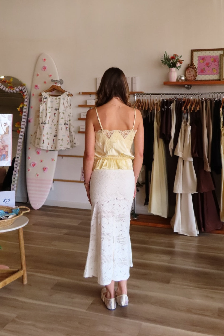 White, floral lace midi skirt with elastic waist, back leg slit, and sheer fabric | Pixelated Boutique, Virginia Beach Clothing Stores, Clothing Stores in Virginia Beach, Virginia Beach Boutique, 757 Boutique, Beach Fashion, Vacation Style, Coastal Cowgirl Aesthetic