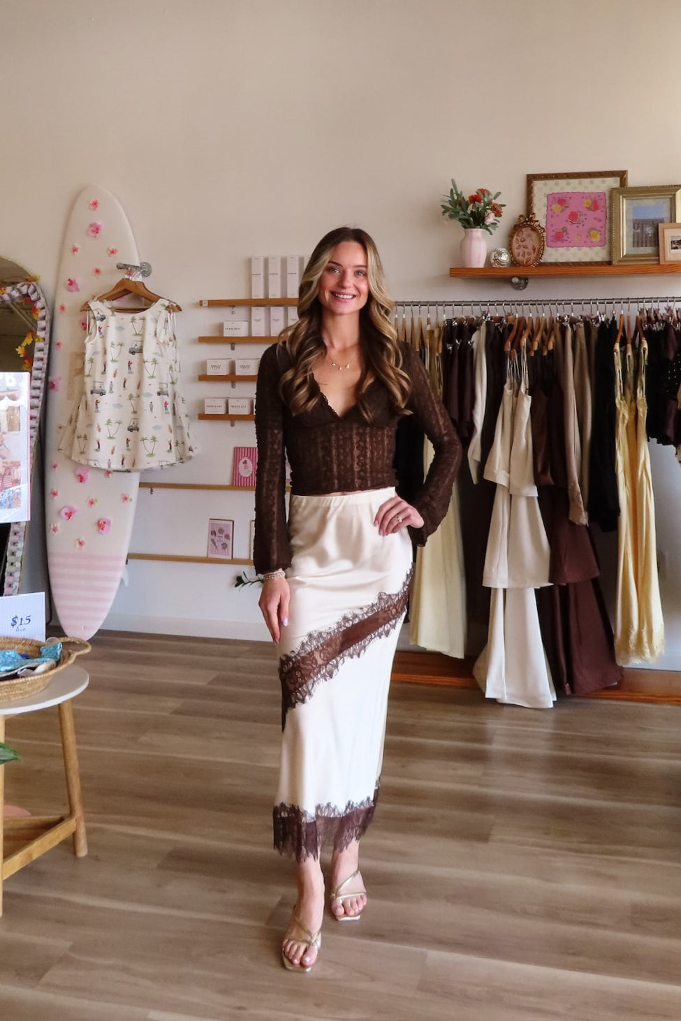 Cream, satin midi skirt with diagonal contrast lace panel and lace trim | Pixelated Boutique, Boutique Shopping in Virginia Beach, Women’s Boutique, Fall Fashion, Fall Dresses, Fall Shopping, Trendy Fall Outfits, Women’s Fall Clothing, Casual Fall Outfit