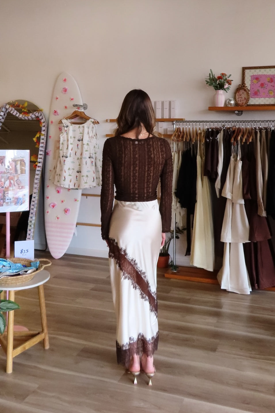 Cream, satin midi skirt with diagonal contrast lace panel and lace trim | Pixelated Boutique, Boutique Shopping in Virginia Beach, Women’s Boutique, Fall Fashion, Fall Dresses, Fall Shopping, Trendy Fall Outfits, Women’s Fall Clothing, Casual Fall Outfit