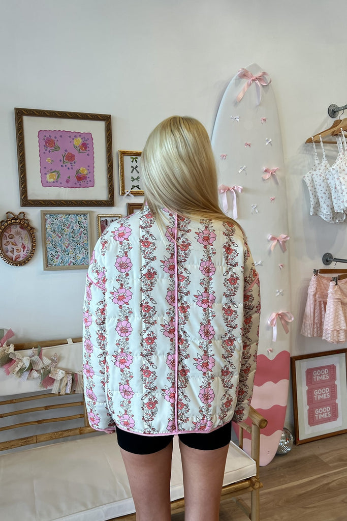 Pink Floral Quilted Jacket, Pixelated Boutique, Women's Clothing, Women's Jewelry and Gifts, Online Shopping for Women, Latest Fashion Trends, Women's Boutique Clothing, Virginia Beach, Clothing Stores in Virginia Beach, Rush Dresses, Graduation Dresses, Cute Clothes, Aesthetic Trends, Quality Jewelry, East Coast Styles, College Styles, Spring Trends, Summer Styles
