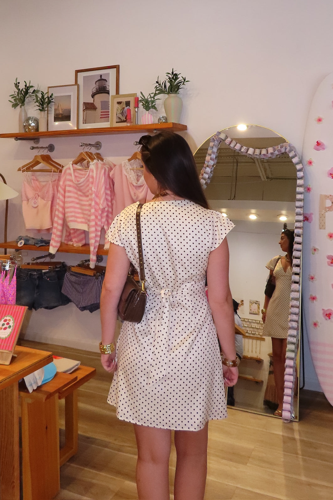 Cream, polka dot mini dress with V neckline, cap sleeves, and back tie, beach fashion, beach outfits, women’s boutique clothing, boutique clothing for women, coastal cowgirl outfits, coastal aesthetic clothing, business casual, concert outfit, 2000s fashion, western outfits