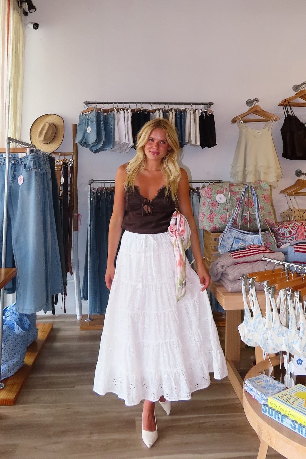 White, eyelet maxi skirt with ruffled tiers, elastic waistband, and drawstring, lace midi skirt, eyelet lace maxi skirt, summer maxi skirt, lace midi skirt for summer, bridal outfits, graduation dress, lace skirt for summer, beach fashion, coastal cowgirl aesthetic, beach girl outfits