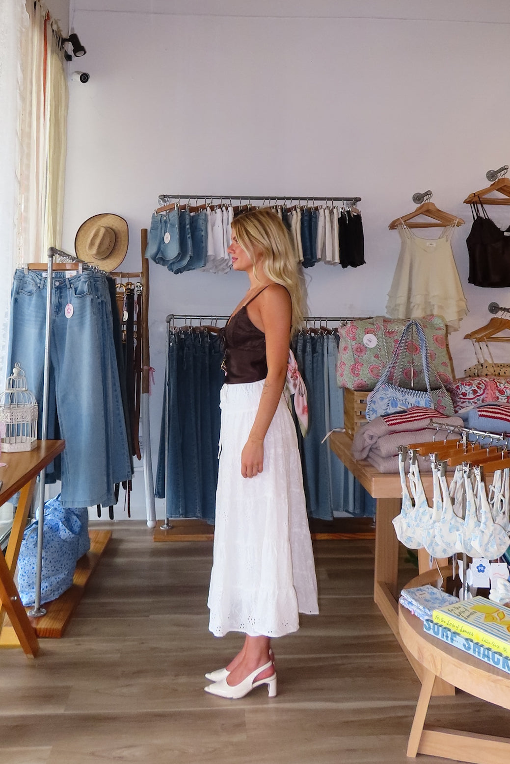White, eyelet maxi skirt with ruffled tiers, elastic waistband, and drawstring, lace midi skirt, eyelet lace maxi skirt, summer maxi skirt, lace midi skirt for summer, bridal outfits, graduation dress, lace skirt for summer, beach fashion, coastal cowgirl aesthetic, beach girl outfits