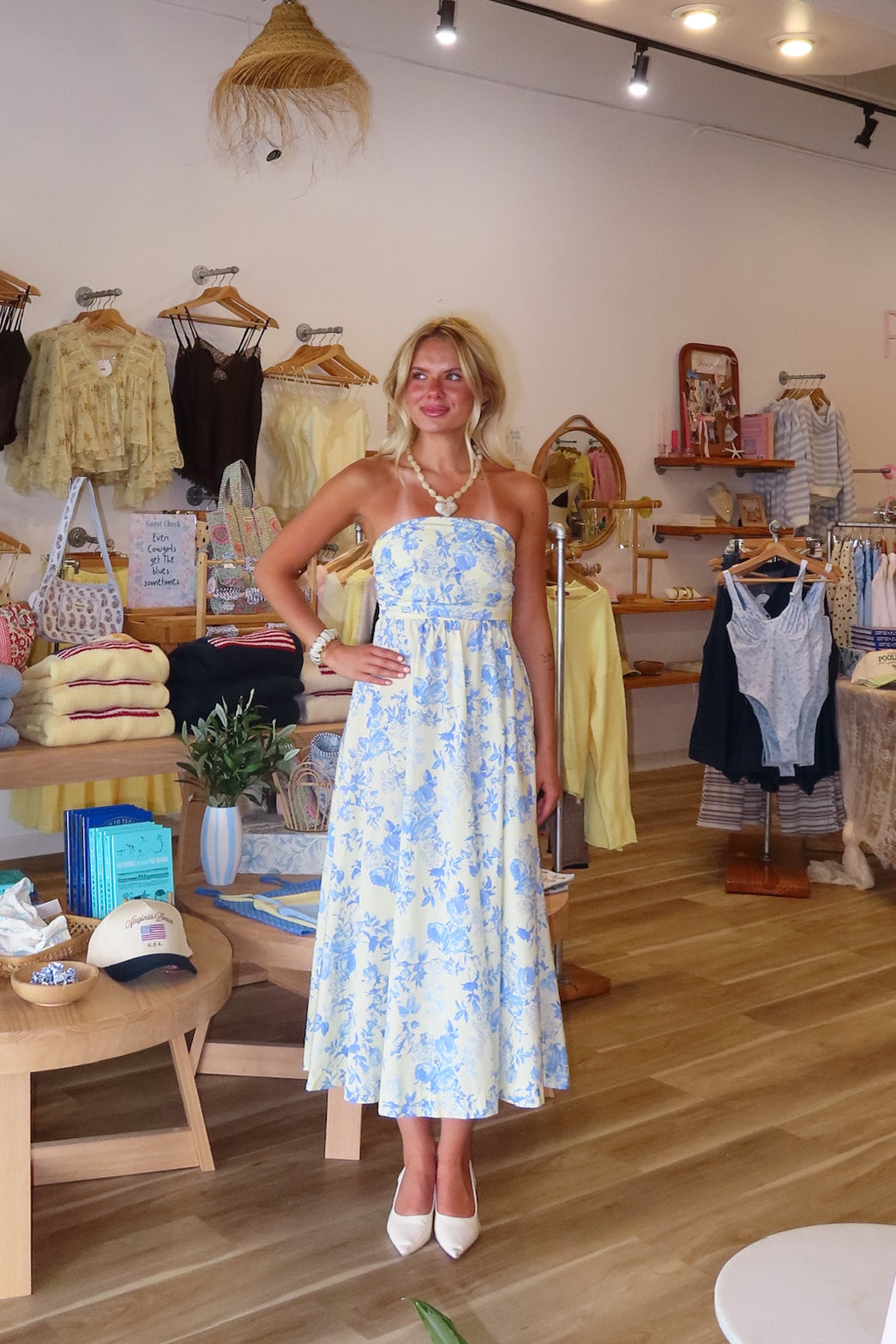 Blue, floral strapless maxi dress with ruched bust, flared hem, and smocked back, Pixelated Boutique, Women's Clothing, Virginia Beach Clothing Stores, Clothing Stores in Virginia Beach, Virginia Beach Boutique, 757 Boutique, Online Shopping for Women, summer aesthetic, brunch outfit, vacation style, vacation outfits, beach boutique
